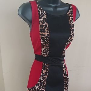 Red Black and Leopard Print Sleeveless Dress